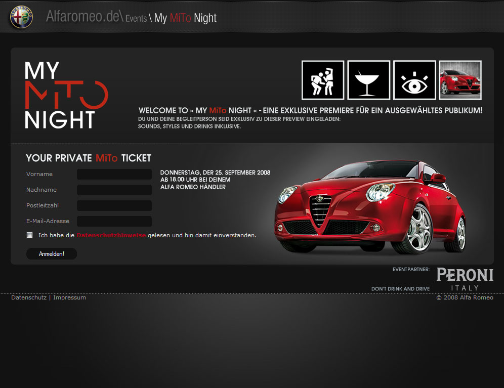 Screenshot: My Mito Night,  Microsite zur Einführung des Modells Alfa Romeo Mito